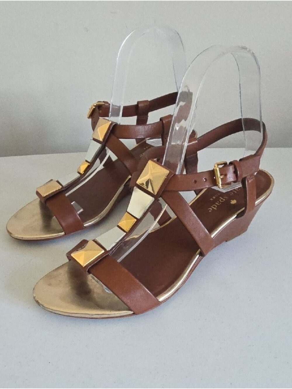 KATE SPADE | Strappy Gladiator Wedges Sandals Brown Golden Silver Sz 6.5M